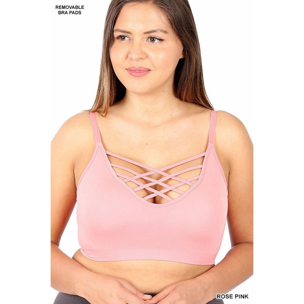 1X/2X Rose Pink Front V Lattice Bralette + bra padding adjustable straps Zenana